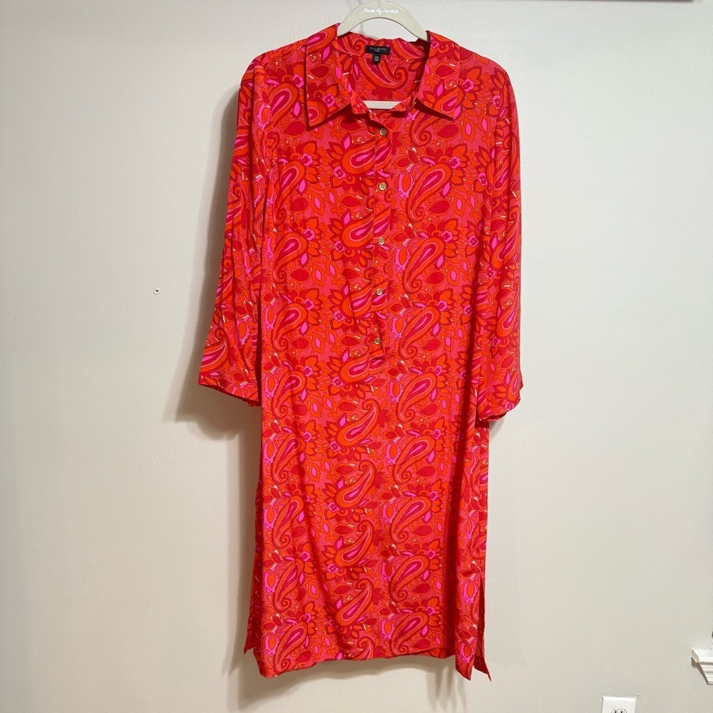 Talbots 100% Silk Paisley Shirt Dress Midi‎ Size 12W Pink Red Orange Coral
